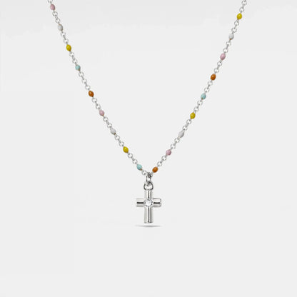 Cross Boho Color Bead Charm Necklace in 925 Sterling Silver: Silver