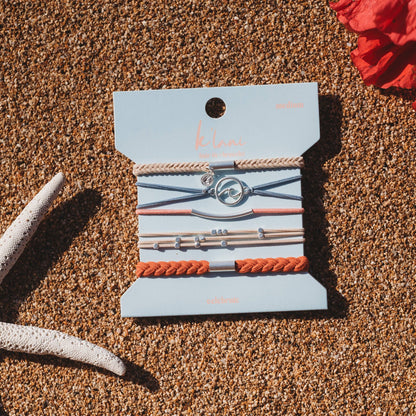 "Celebrate" Blues and Corals With Silver Wave Charm Hair Tie Bracelets: Medium