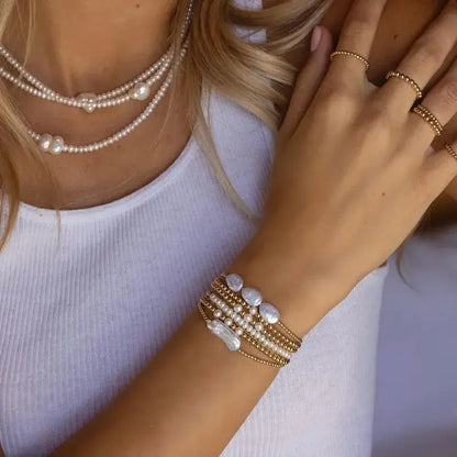 18K Gold Plated Copper Pearl and Gold Beaded Ball Bracelet: Long Pearl