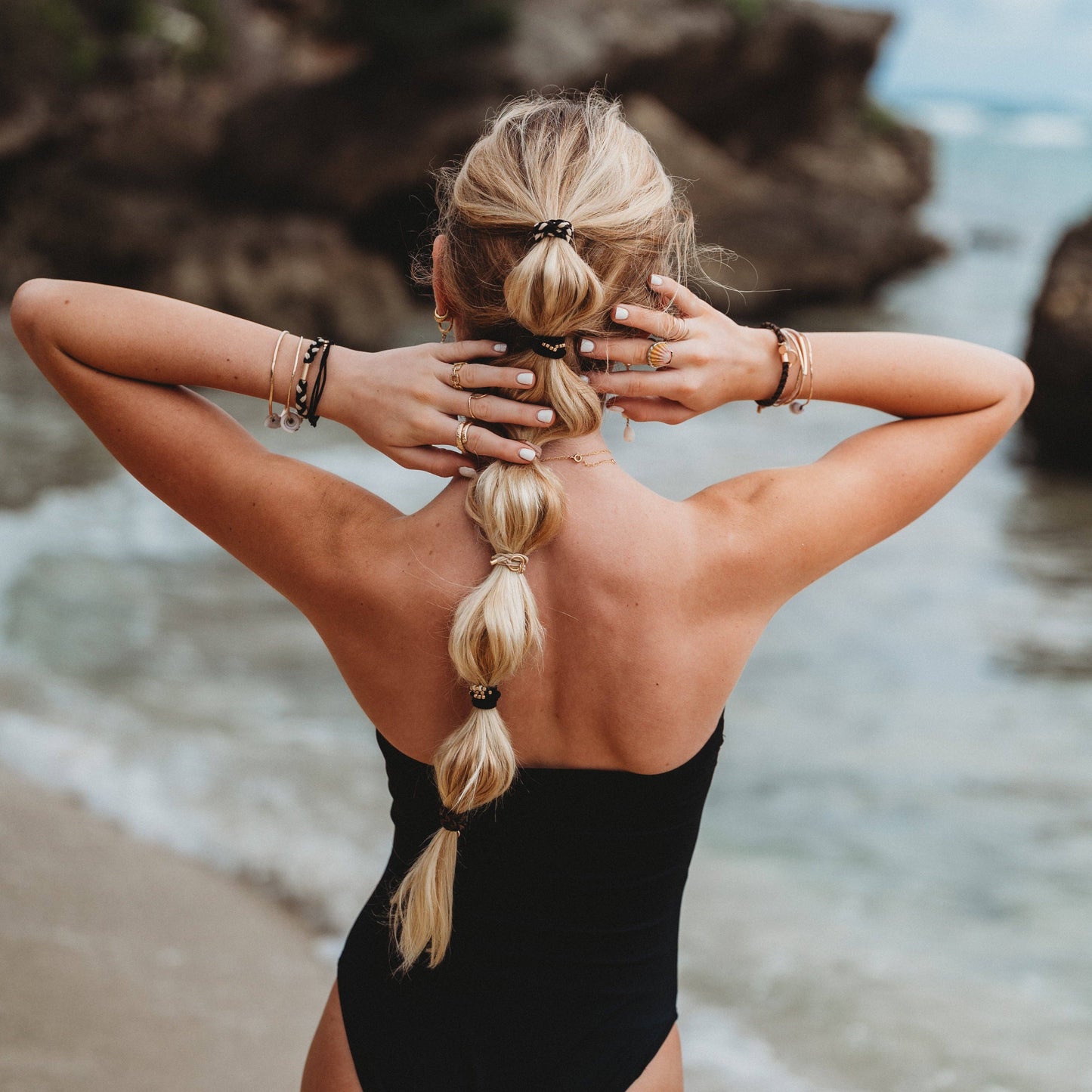 "Connect" Black & Cream with Gold Accent Hair Tie Bracelets: Medium