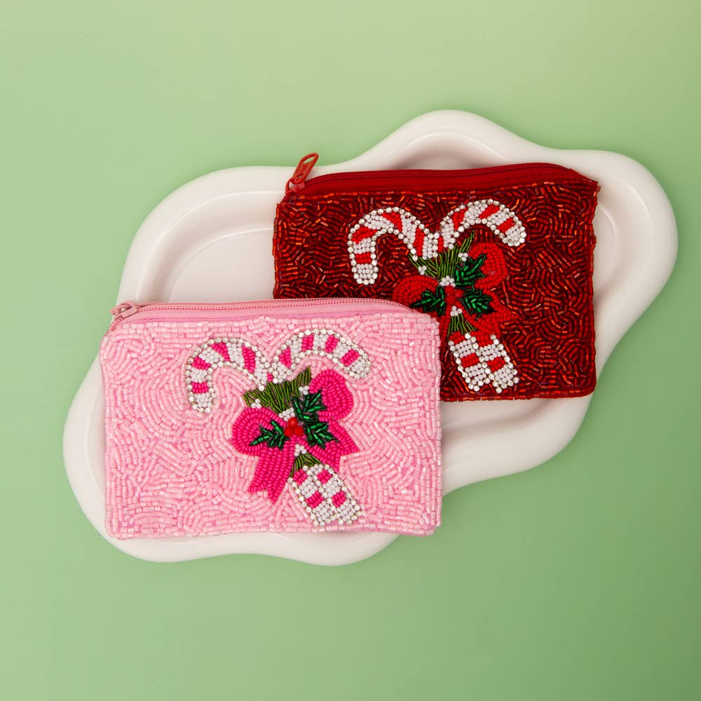 Christmas Candy Cane & Mistletoe Coin Bag: Red